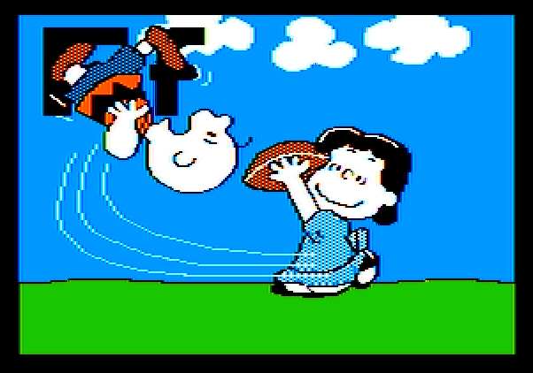Charlie Brown's ABC's Apple II Screenshot: ...and Charlie Brown fails to kick it!