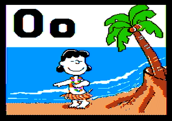 Charlie Brown's ABC's Apple II Screenshot: The letter "O" has an ocean scene.