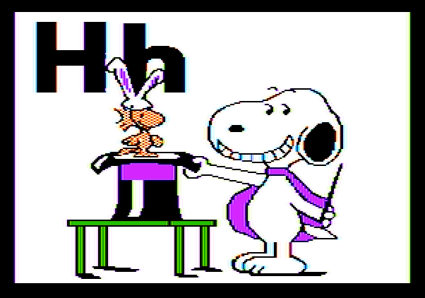 Charlie Brown's ABC's Apple II Screenshot: Pulling Woodstock out of a hat.