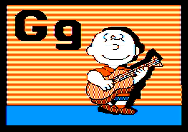 Charlie Brown's ABC's Apple II Screenshot: An animated sequence shown for the letter "G".
