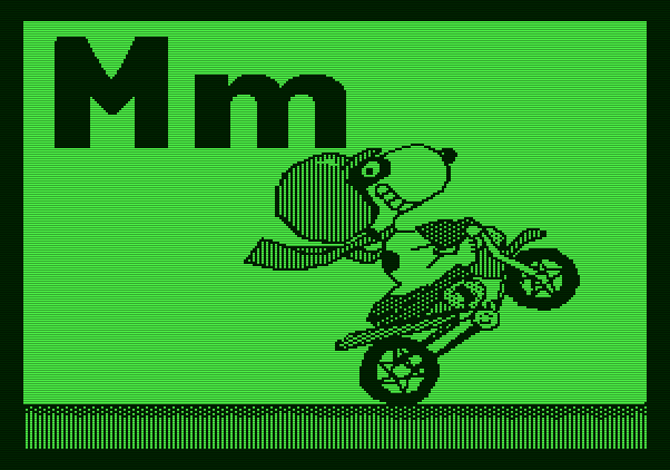 Charlie Brown's ABC's Apple II Screenshot: Snoopy rides a motorcycle...