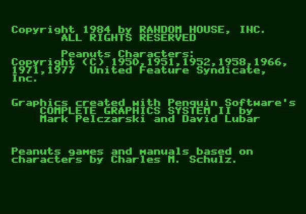 Charlie Brown's ABC's Apple II Screenshot: Copyright information.