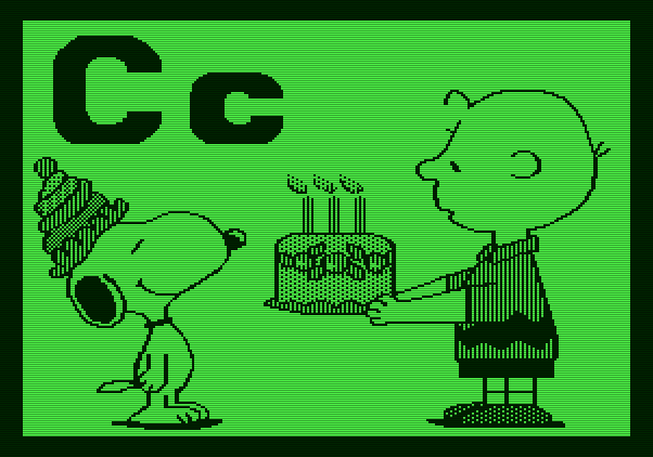 Charlie Brown's ABC's Apple II Screenshot: Snoopy blows out the candles.