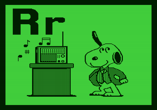 Charlie Brown's ABC's Apple II Screenshot: Snoopy dances to some music on the radio.