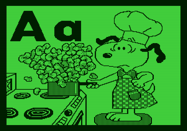 Charlie Brown's ABC's Apple II Screenshot: Snoopy makes a mess cooking...