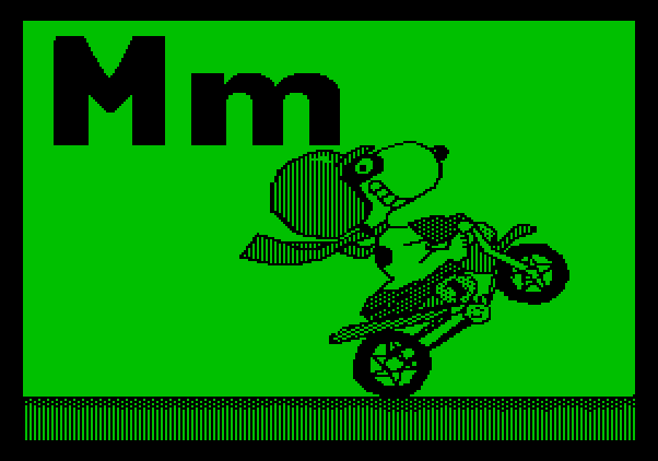Charlie Brown's ABC's Apple II Screenshot: Snoopy rides a motorcycle...
