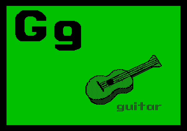 Charlie Brown's ABC's Apple II Screenshot: "G" is for guitar...