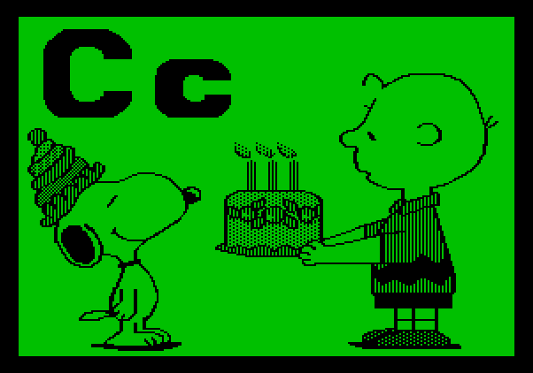 Charlie Brown's ABC's Apple II Screenshot: Snoopy blows out the candles.