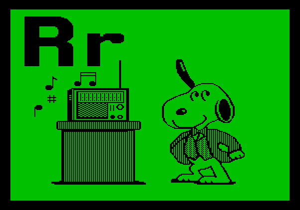 Charlie Brown's ABC's Apple II Screenshot: Snoopy dances to some music on the radio.