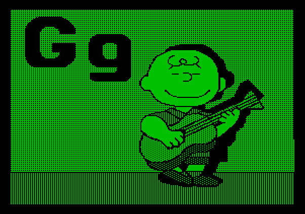 Charlie Brown's ABC's Apple II Screenshot: Charlie Brown demonstrates the guitar.