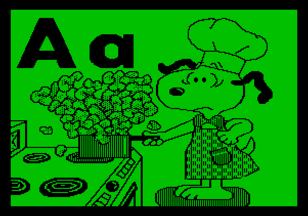 Charlie Brown's ABC's Apple II Screenshot: Snoopy makes a mess cooking...