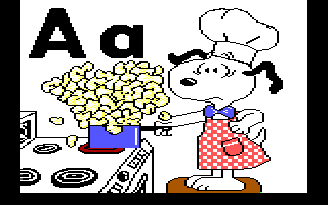 Charlie Brown's ABC's IBM PC/Compatibles Screenshot: Snoopy cooking in an apron.