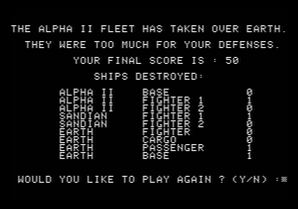Orbital Defender Apple II Screenshot: Game over.