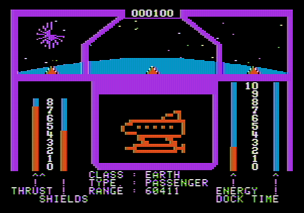 Orbital Defender Apple II Screenshot: Oops, an Earth passenger ship was destroyed...that will cost me some points.