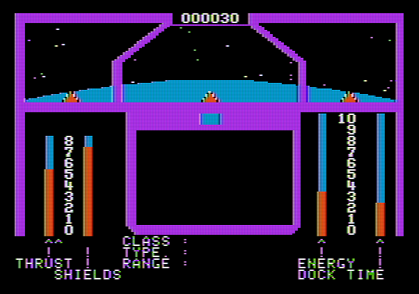 Orbital Defender Apple II Screenshot: Energy slowly being depleted...