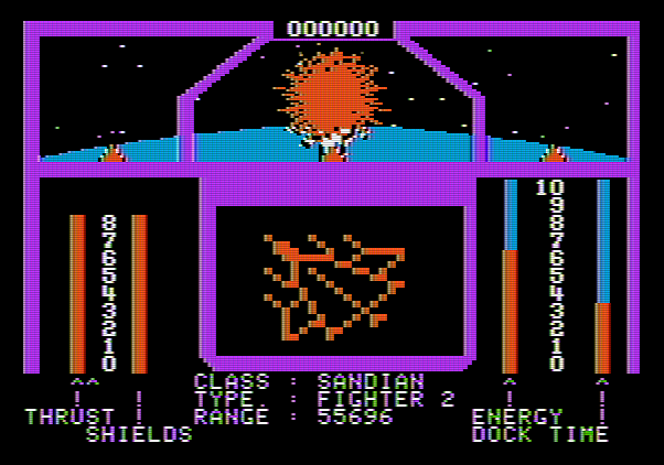 Orbital Defender Apple II Screenshot: Enemy fighter attacking!