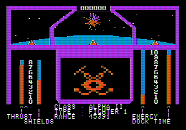 Orbital Defender Apple II Screenshot: An Alpha II Fighter 1 destroyed!