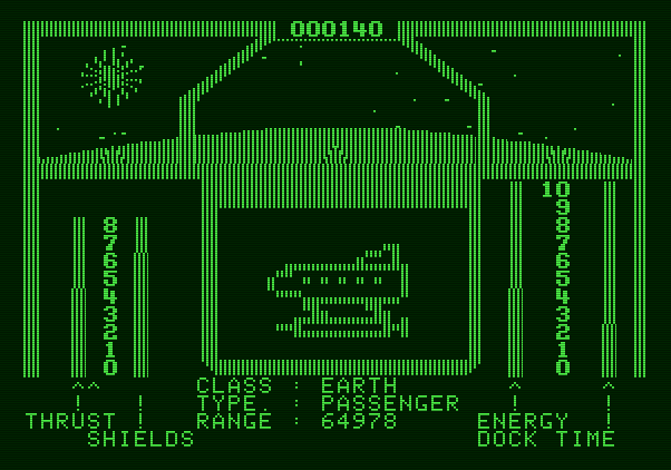 Orbital Defender Apple II Screenshot: Oops, I destroyed an Earth ship! That will cost me some points...