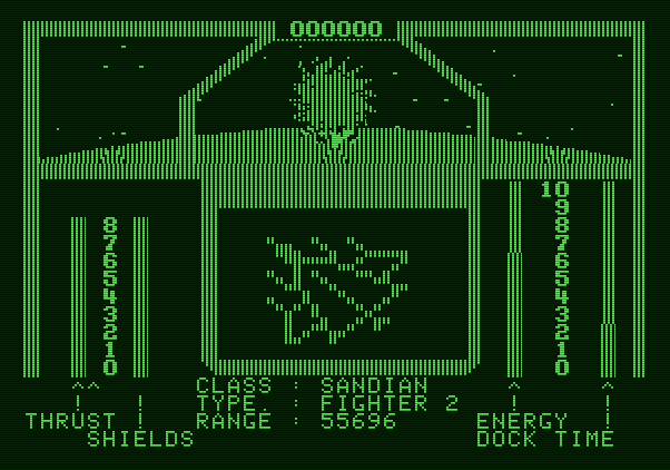 Orbital Defender Apple II Screenshot: Enemy fighter attacking!