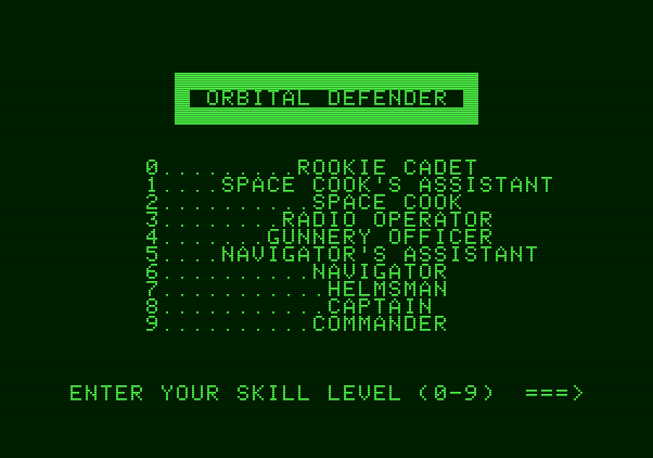 Orbital Defender Apple II Screenshot: Select a skill level.
