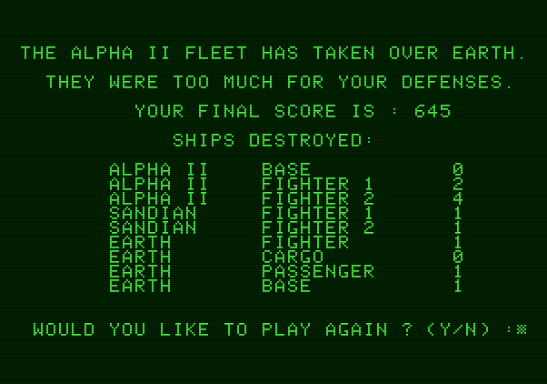 Orbital Defender Apple II Screenshot: Game over.