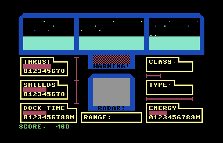 Orbital Defender Commodore 64 Screenshot: The warning indicator flashes when a ship is about to appear...be ready!