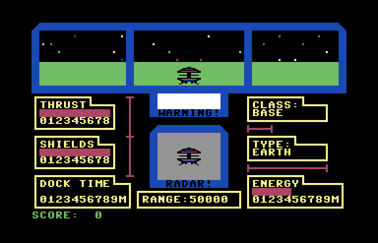 Orbital Defender Commodore 64 Screenshot: Docking with an Earth base.