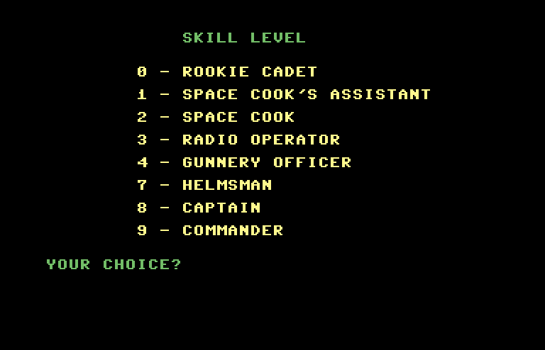 Orbital Defender Commodore 64 Screenshot: Select a skill level.