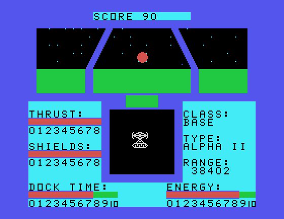 Orbital Defender TI-99/4A Screenshot: An enemy appears, and fires at me!