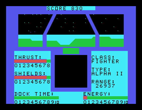Orbital Defender TI-99/4A Screenshot: Orbiting the planet continues...