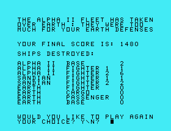 Orbital Defender TI-99/4A Screenshot: Game over.