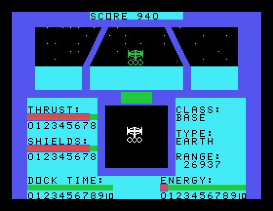 Orbital Defender TI-99/4A Screenshot: Docking with an Earth base; this will restore some energy...