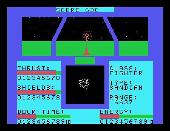 Orbital Defender TI-99/4A Screenshot: A sandian class fighter destroyed!