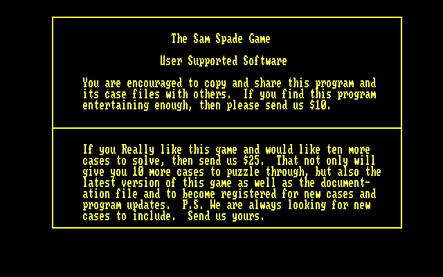 Sam Spade Game, The IBM PC/Compatibles Screenshot: About the game.
