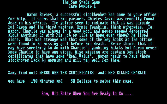Sam Spade Game, The IBM PC/Compatibles Screenshot: About the case.