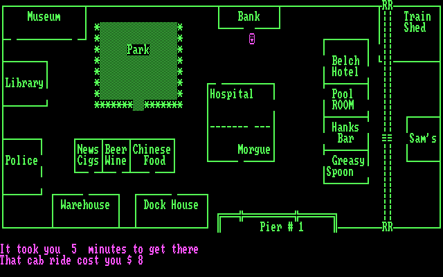 Sam Spade Game, The IBM PC/Compatibles Screenshot: You can travel by cab or on foot.