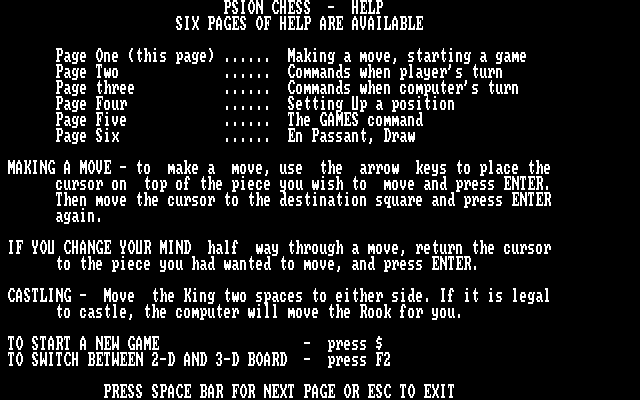 Chess IBM PC/Compatibles Screenshot: One of the help screens.