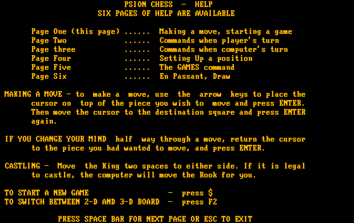 Chess IBM PC/Compatibles Screenshot: The help screen.