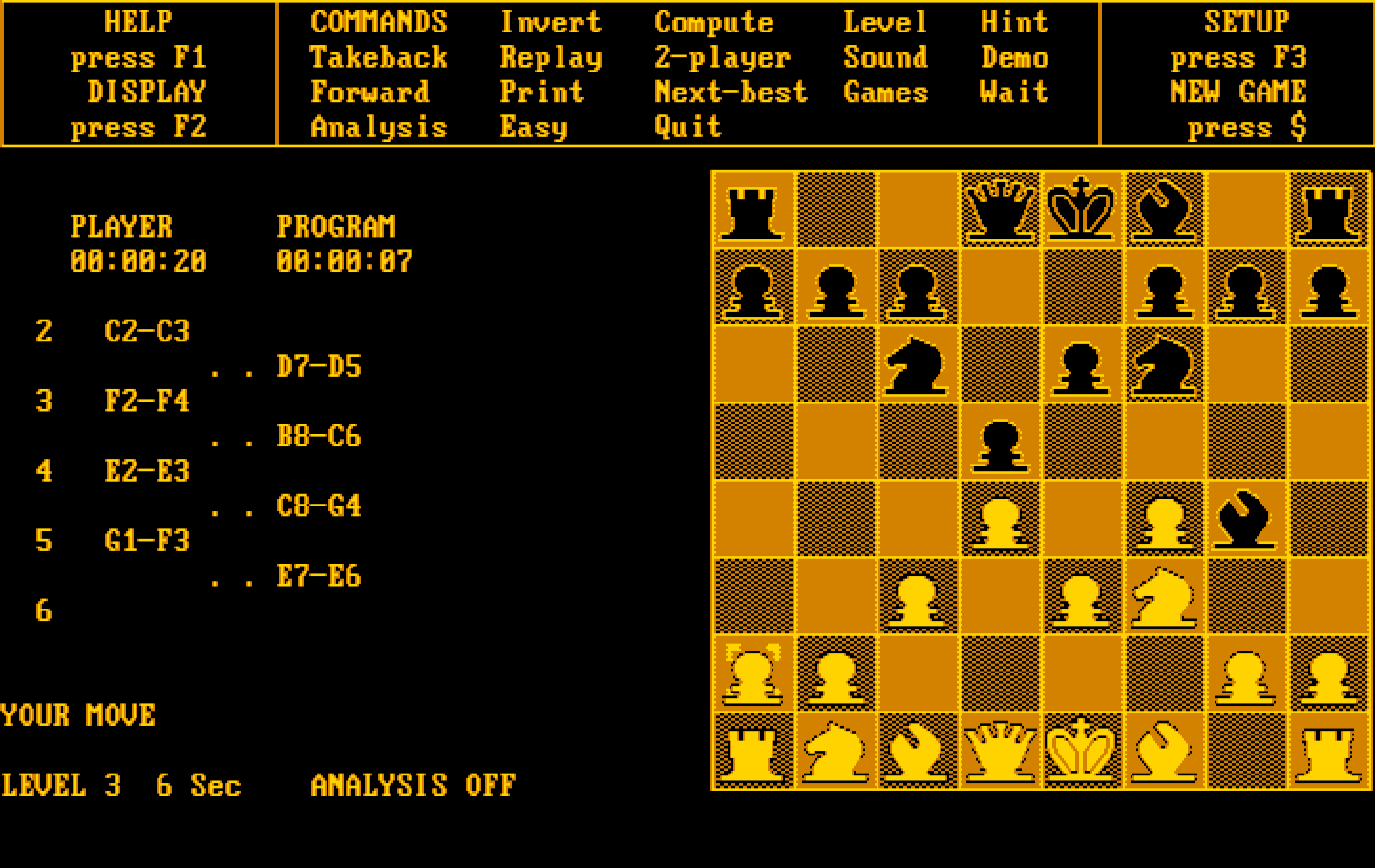 Chess IBM PC/Compatibles Screenshot: Gameplay with the 2D view.