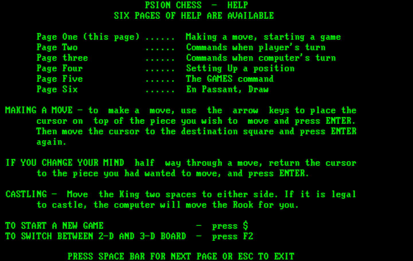 Chess IBM PC/Compatibles Screenshot: The help screen.