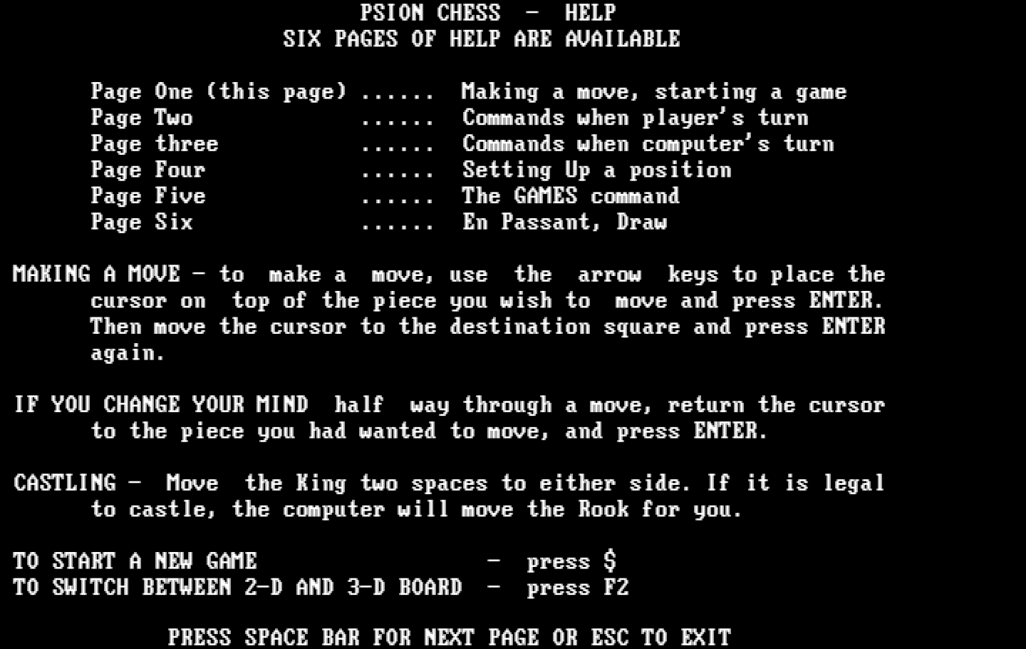 Chess IBM PC/Compatibles Screenshot: The help screen.