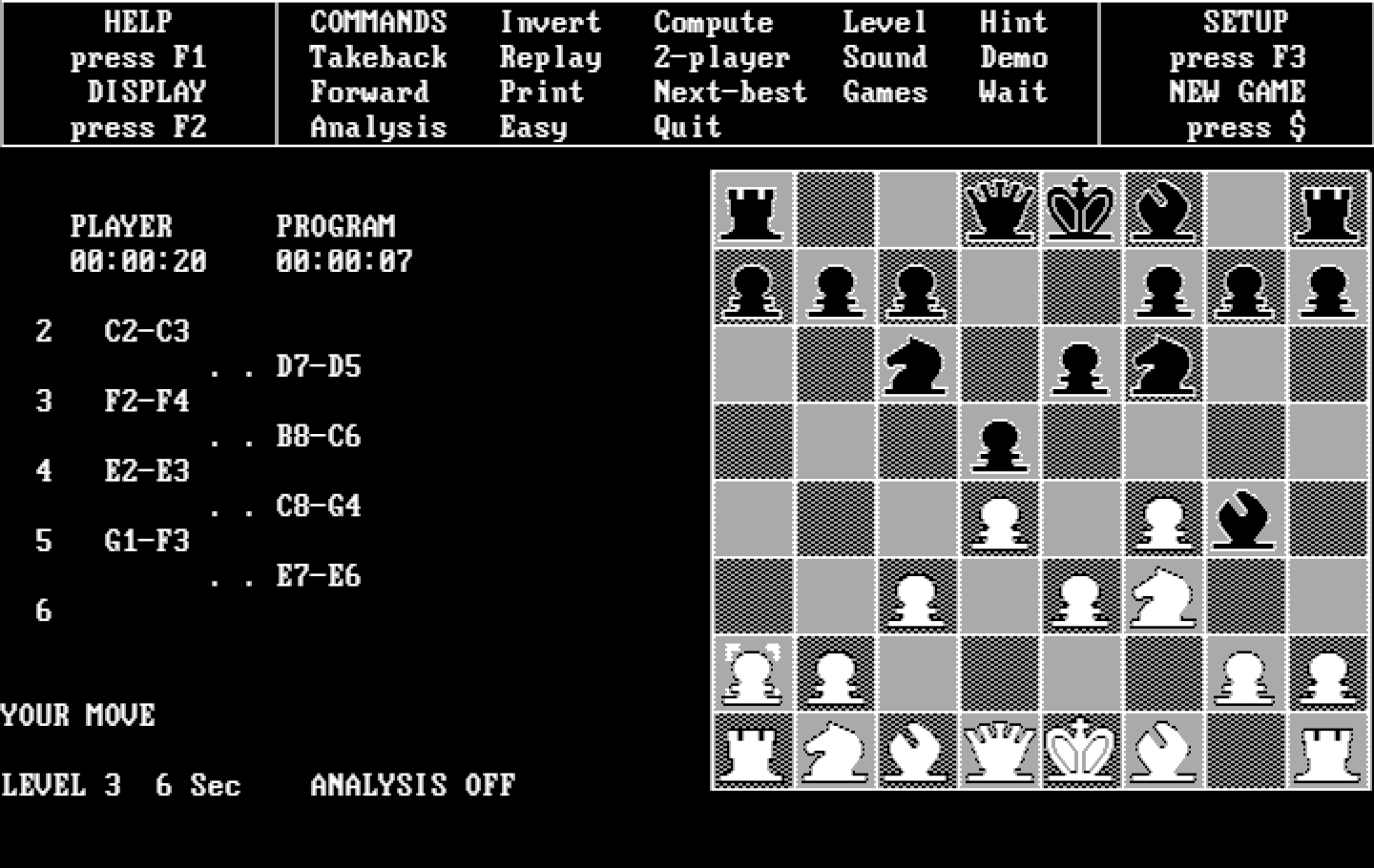 Chess IBM PC/Compatibles Screenshot: Gameplay with the 2D view.