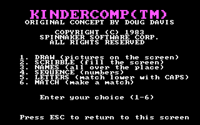 Kindercomp IBM PC/Compatibles Screenshot: Title screen and main menu.