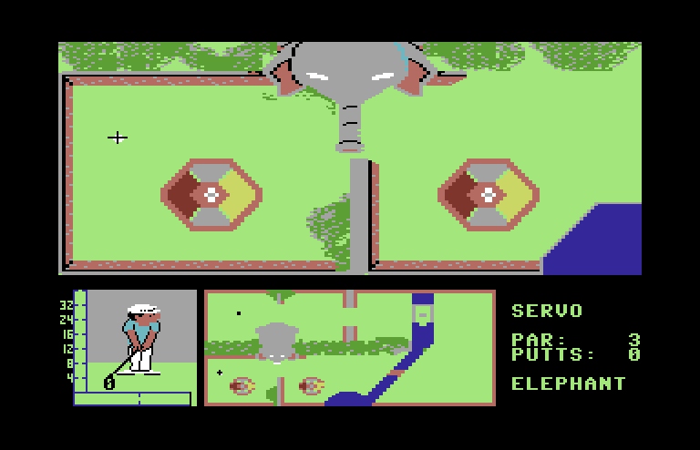 Mini-Putt Commodore 64 Screenshot: Time your shot carefully, the elephant trunk moves up and down.