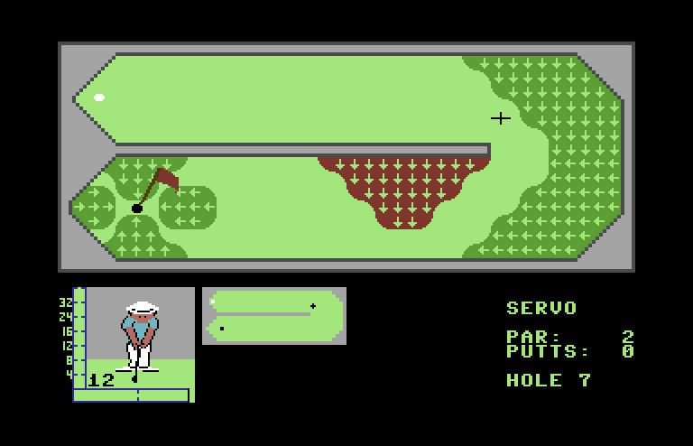 Mini-Putt Commodore 64 Screenshot: There are a variety of holes, some simple and some wacky.
