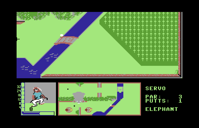 Mini-Putt Commodore 64 Screenshot: My shot landed in the water!
