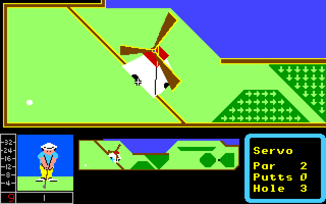 Mini-Putt Apple IIgs Screenshot: A classic windmill; time your shot carefully!