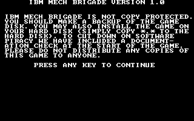 Mech Brigade IBM PC/Compatibles Screenshot: Game information.