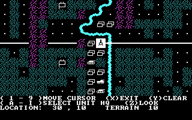 Mech Brigade IBM PC/Compatibles Screenshot: Depending on options selected the terrain can vary.