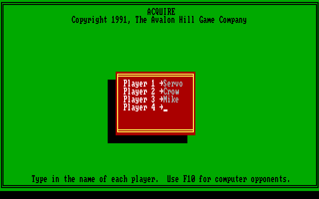 Computer Acquire IBM PC/Compatibles Screenshot: Entering names for a new game...